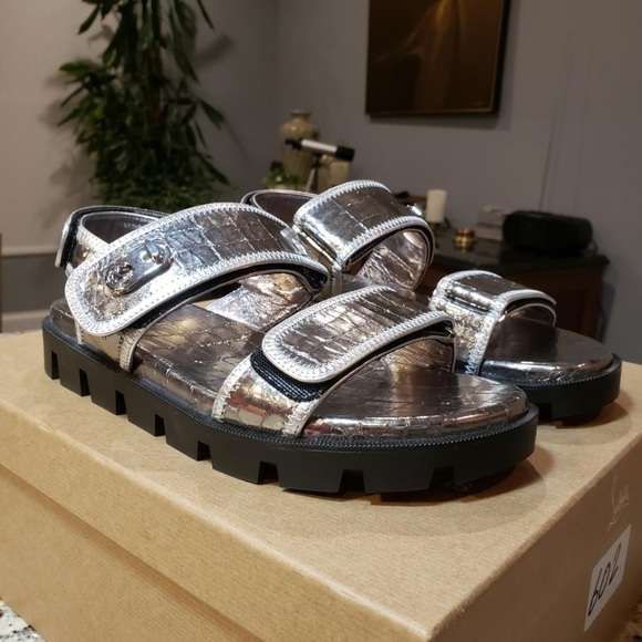 NEW Christian Louboutin Lock Cool Croc-Embossed Leather Sandal Size 37 - Picture 10 of 13